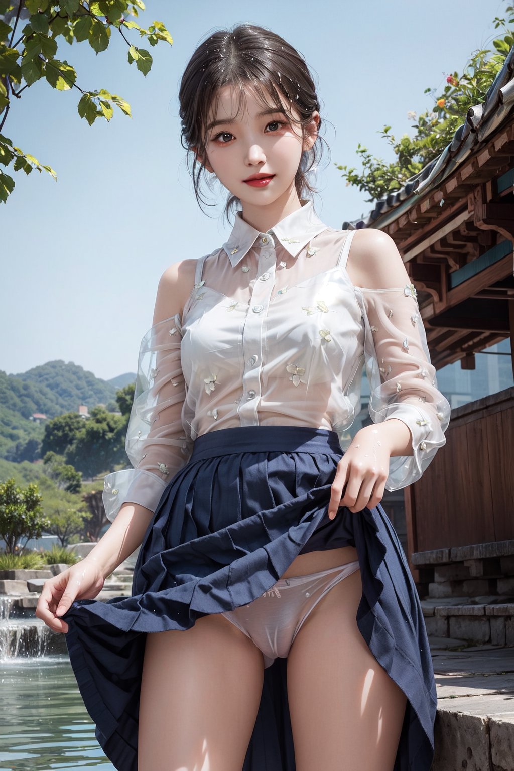 Beautiful realistic korean teen girl with short hair,wet with water, 
pulling up skirt and show her panty, transparent nightwear panty,(shot from below),bold pussy lips, cameltoe, 
wearing a korean school uniform,shoulder exposure, small breasts, loose wet transparent blouse, navy skirt, outdoors,
 stand on the stream, looking at the camera, using magic, bright smile, 8k masterpiece, ultra realistic, UHD, highly detailed, best quality,

skirt_lift,iu