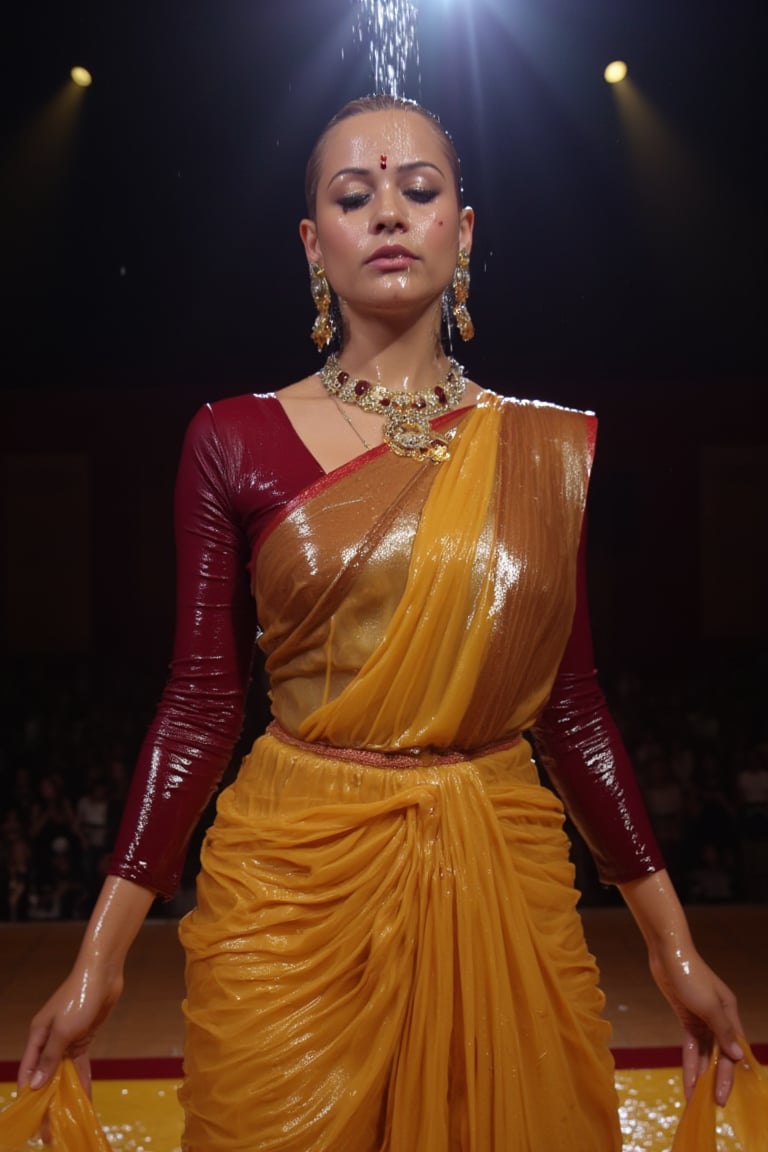 (wet clothes, wet hair, wet face, wet skin, water droplets) An image of an Indian woman posing under the spotlight on a grand stage, completely drenched. She is wearing a traditional Indian classical dancing outfit—a full sleeve, shiny cotton maroon blouse and a wet, flowing gold saree draped in a Bharatanatyam style. The soaked tight blouse clings to her body, while the drenched saree accentuates her form. Her wet hair neatly tied. The intricate jewelry she wears, sparkles as it absorbs the moisture. The dramatic lighting captures every detail of the wet fabric, the flowing saree, and the elegance of her pose. 4K, RAW, masterpiece, soakingwetclothes, wetlook, high definition, stage performance, Indian classical dancer, wet saree, full sleeve blouse, traditional outfit, wet fashion photography