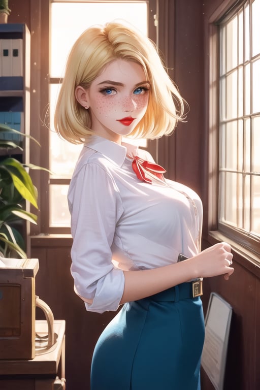 portrait of blond office girl, retro haircut, beautiful detailed face, detailed blue eyes, detailed red lips, office uniform, freckles, , standing in a sunny retro office, magical atmoshphere, dreamy atmosphere, bokeh, sun rays, vintage look, retro look, golden hour, high details, best quality,  cinematic,  photography, rim light,