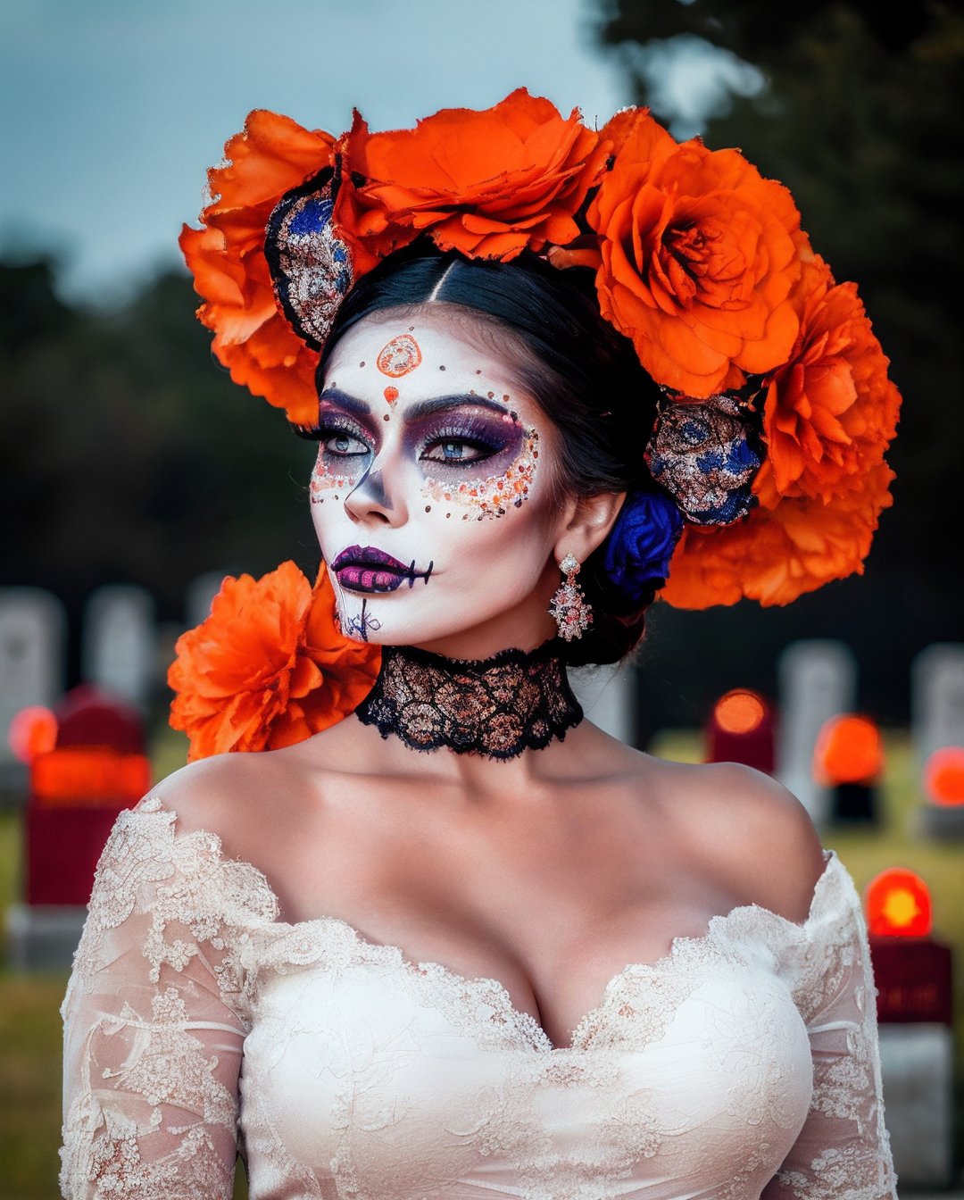 (Best quality, 8k, 32k, Masterpiece, UHD:1.2),  full body potrait of a woman with Catrina makeup, dia de los muertos, white make up, orange, black makeup, emulating a skull with the make up, orange flowers as ornament in hair, many orange flowers, wearing a gown, gloves  and attractive features, eyes, eyelid,  focus, depth of field, film grain,, ray tracing, ((contrast lipstick)), slim model, detailed fabric rendering, detailed natural real skin texture, visible skin pores, anatomically correct, night, cemetary background,  Catrina,(PnMakeEnh)