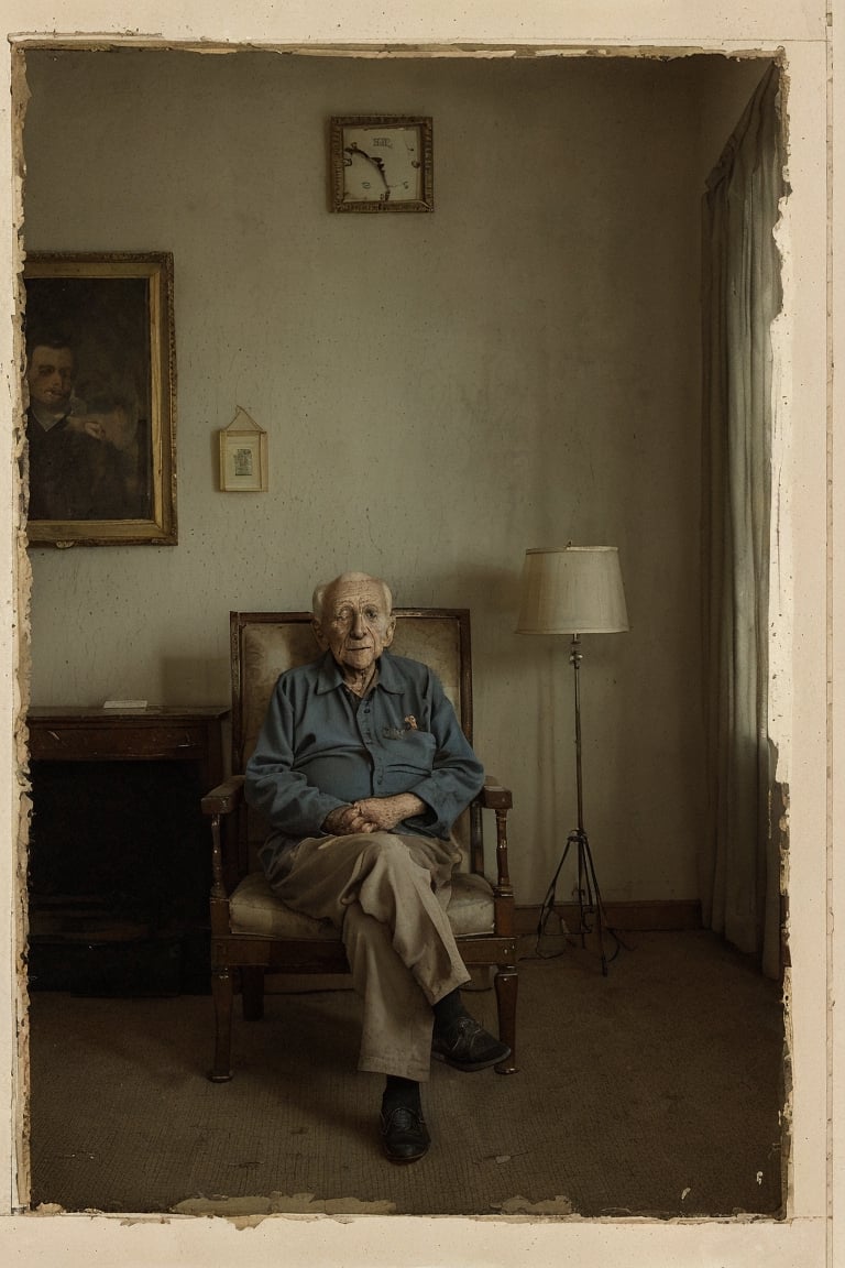 realist masterpiece, portrait of an old man in a darkened room captures a scene full of mystery and nostalgia, The gloom hovers softly over the room, barely allowing light to filter through the almost closed curtains, This creates a subdued and melancholic atmosphere, where details are difficult to distinguish at first glance, In the center of this somber atmosphere, stands an elderly man, His face shows the furrows of time, marked lines that tell stories of life and experience, The wrinkled and worn skin is a witness of the years he has lived, His eyes, although darkened by the lack of light, seem to reflect a deep wisdom and perhaps a touch of sadness, she lies in a worn armchair, with a hunched posture that suggests the weight of years on her shoulders, A soft ray of light rests on her figure, faintly illuminating her wrinkled and trembling hands, which rest on her legs, Her fingers may hold a worn photograph of times past, The room itself is a time capsule, filled with objects that tell forgotten stories, A pendulum clock on the wall marks the passage of time with a gentle tick-tock, while period furniture stands as silent witnesses to better days, Overall, It is an image that makes us contemplate the passage of time and the depth of the human experience as we age.,aesthetic portrait,lun4,n3n3k,Miss Grand International,AI_Misaki