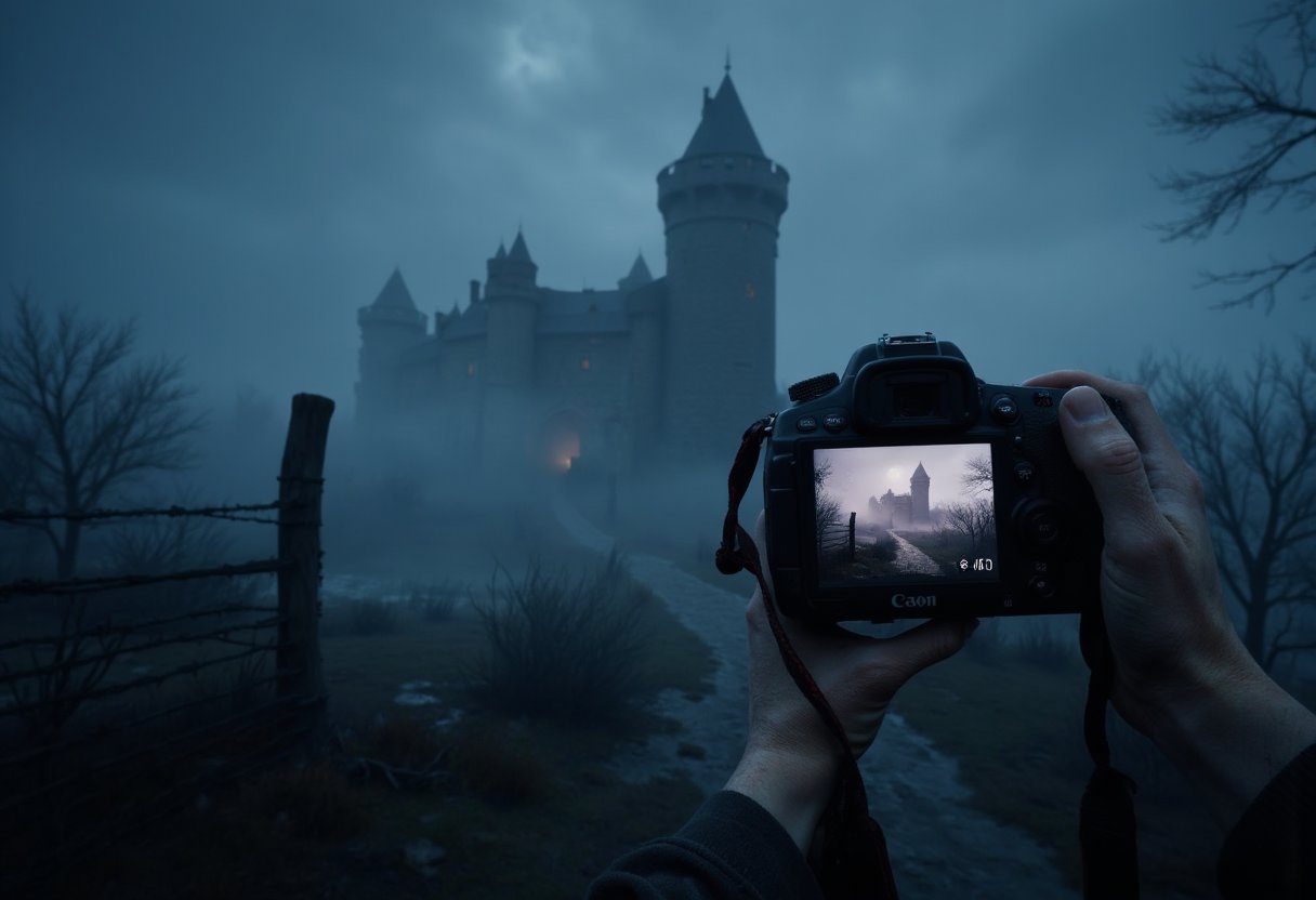 first person pov holding a Canon EOS camera, to take a picture of the scenery, in the background is a haunted castle at night, spooky ambient, in the background there is fog