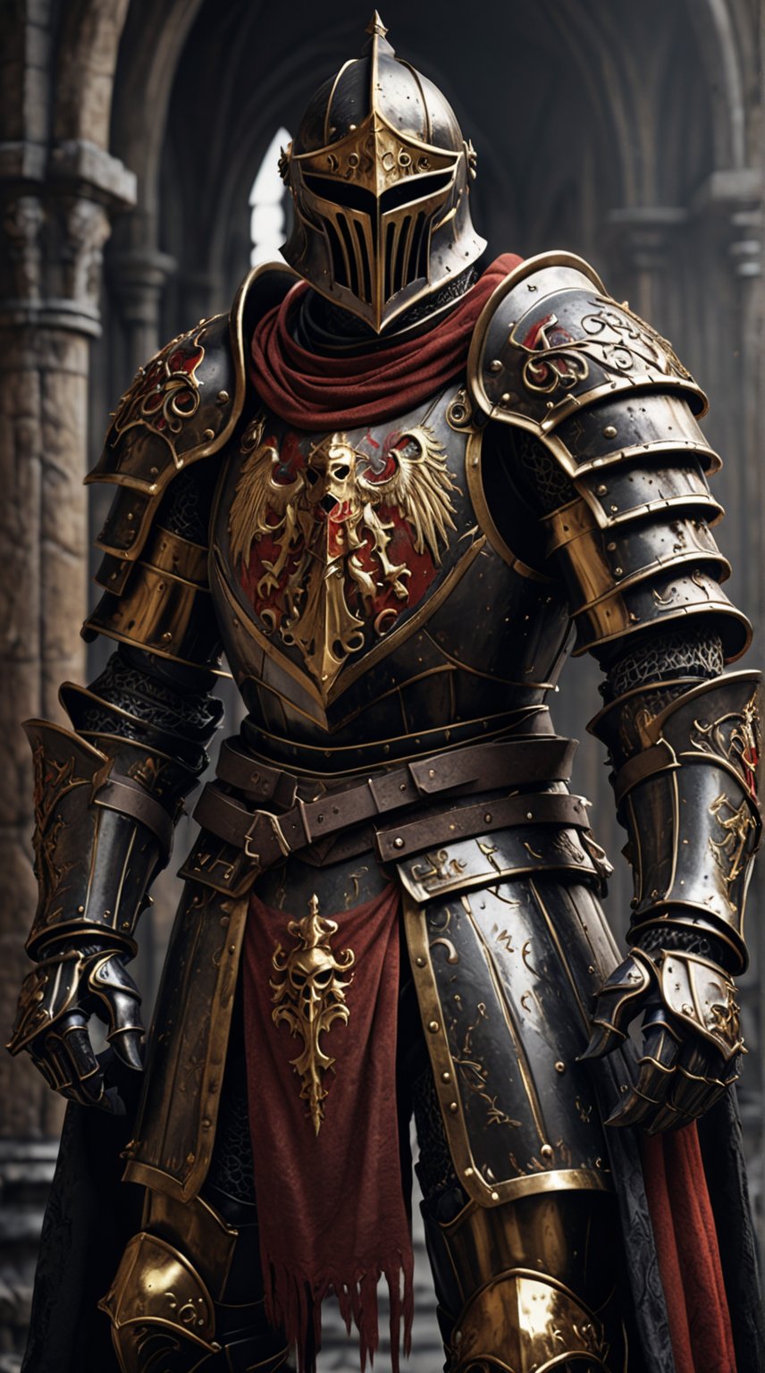 A German Imperial Gothic Knight. Black, Red, and Golden Color Plate Armour. Warhammer Fantasy. High Fantasy. Dark Fantasy. Unreal Engine. Ultra Realistic. Cinematic. poster-like.