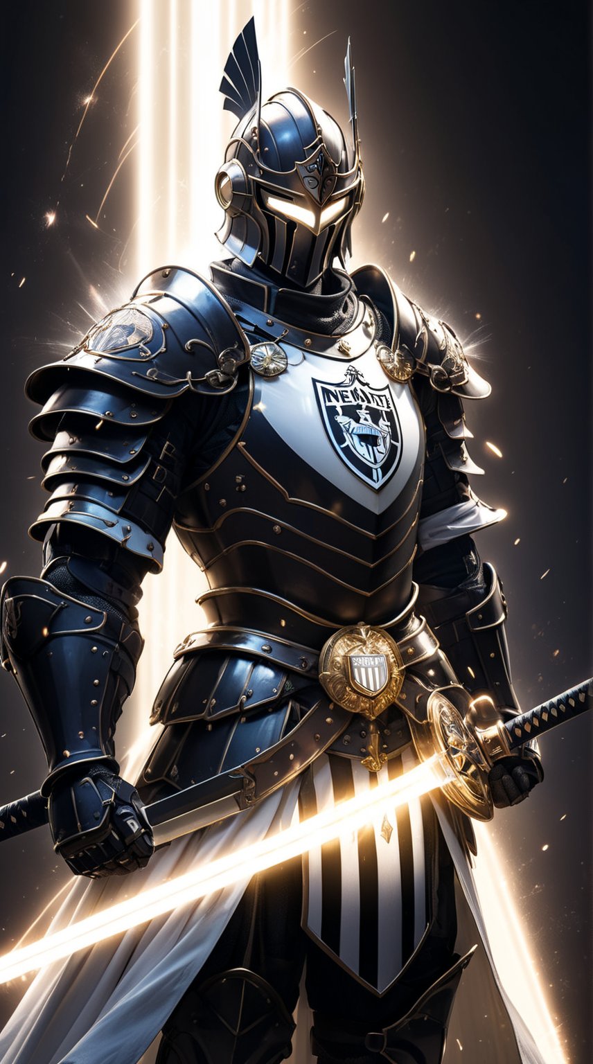 Draped in sleek black and white armor, this knight symbolizes the iconic look of Newcastle United. His breastplate, featuring bold stripes, reflects the club's heritage, with the emblem glowing on his chest. The knight's helm, with a distinctive plume, casts a shadow over eyes that glow with a fierce white light, framed by lens flare. He wields a longsword, its blade shimmering with electric sparks, ready for battle. A shield adorned with the club's emblem rests by his side, reflecting the cinematic light. Glare and particles enhance the knight's presence, making him a powerful and resilient figure. Dynamic action.