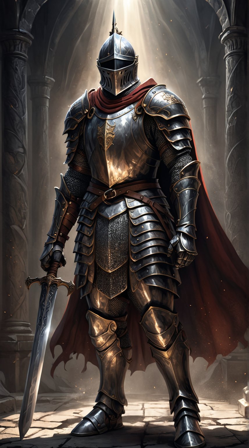 The image depicts a proud knight in a fantasy art style, standing tall and holding a gleaming sword. The knight is adorned in intricate armor, with a flowing cape billowing behind them. The composition is dynamic, with the knight positioned in a heroic stance, exuding strength and determination. The lighting is dramatic, casting shadows and highlighting the details of the knight's armor and weapon. The overall feel of the image is epic and fantastical, capturing the essence of a brave and noble warrior ready for battle. poster-like.