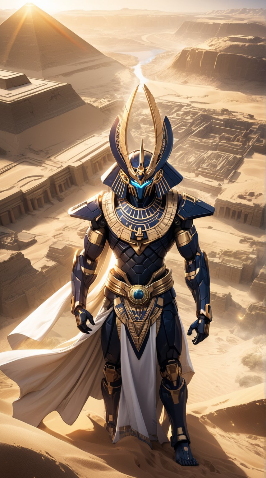 A bird’s eye view of a massive Pacific Rim Jaeger representing Egypt. The Jaeger’s design draws from ancient Egyptian motifs, featuring gold and sandstone armor with hieroglyphics and pyramid shapes. Its headpiece resembles a Pharaoh’s headdress, and its body is adorned with symbols of the sun god Ra. The Jaeger’s core emits a warm, golden light, symbolizing the Nile River’s lifeblood. Below, the landscape includes ancient temples and the vast Sahara. Enhanced with glare, lens flare, and cinematic lighting, the Jaeger stands majestically. Particles of sand and golden light add a dynamic feel, capturing Egypt’s historical grandeur.