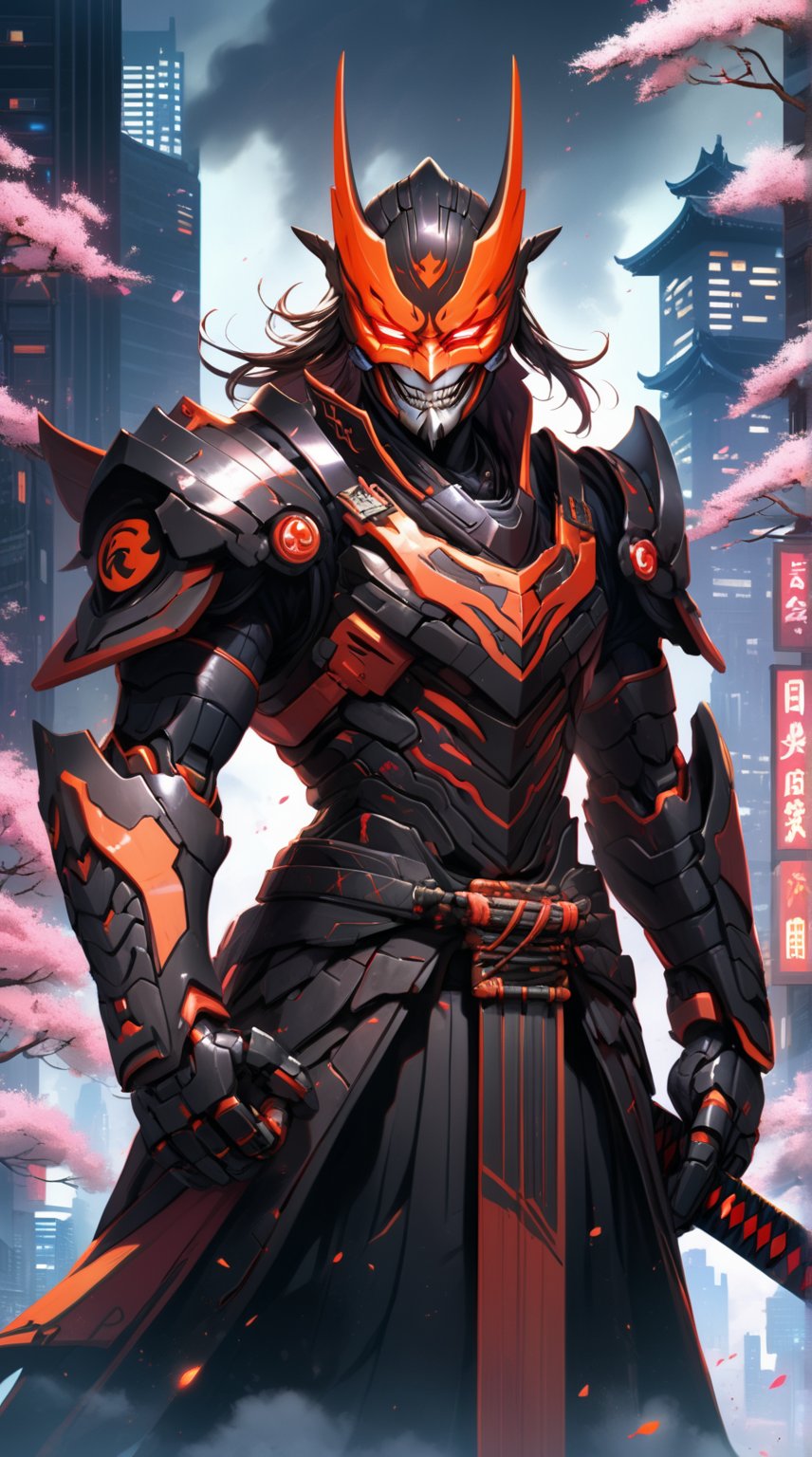 Create a supervillain character inspired by Japan. This villain should wear a menacing, high-tech samurai armor, blending traditional elements with modern technology. The armor is sleek and dark, adorned with glowing red accents and intricate designs. The villain's mask features a fearsome expression, with sharp teeth and glowing red eyes, exuding an aura of intimidation. They wield a robotic katana with an energy blade that crackles with power. Surround the villain with a dystopian cityscape, combining neon-lit skyscrapers and shadowy traditional Japanese architecture. Mist and shadows envelop the scene, enhancing the ominous atmosphere, while cherry blossoms fall gently in the background, contrasting the dark theme with a touch of delicate beauty." ensuring a richly textured and visually striking image.