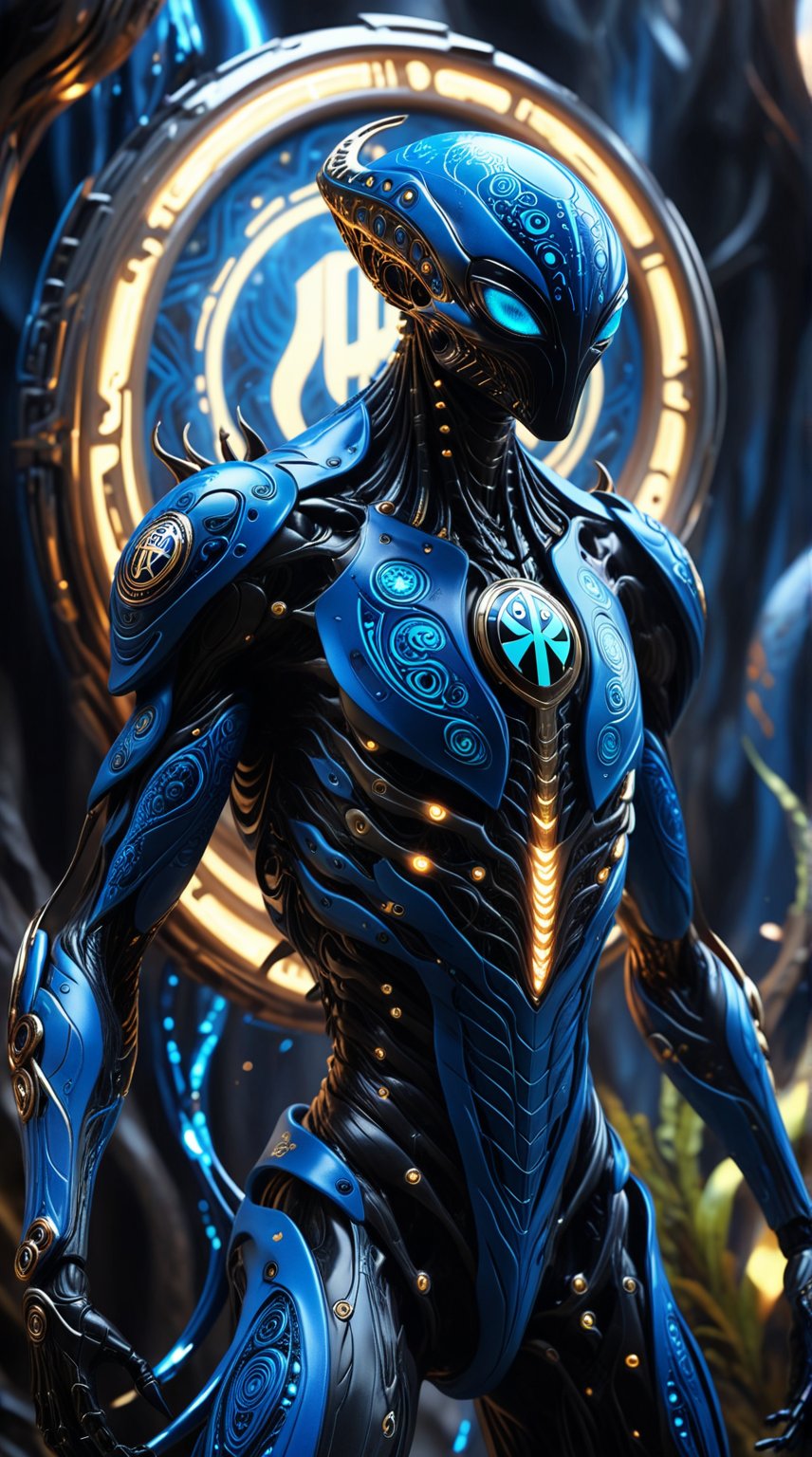 action pose portrait,  Inter Milan Alien: Picture an alien representing Inter Milan,  with a striking black and blue exosk...
