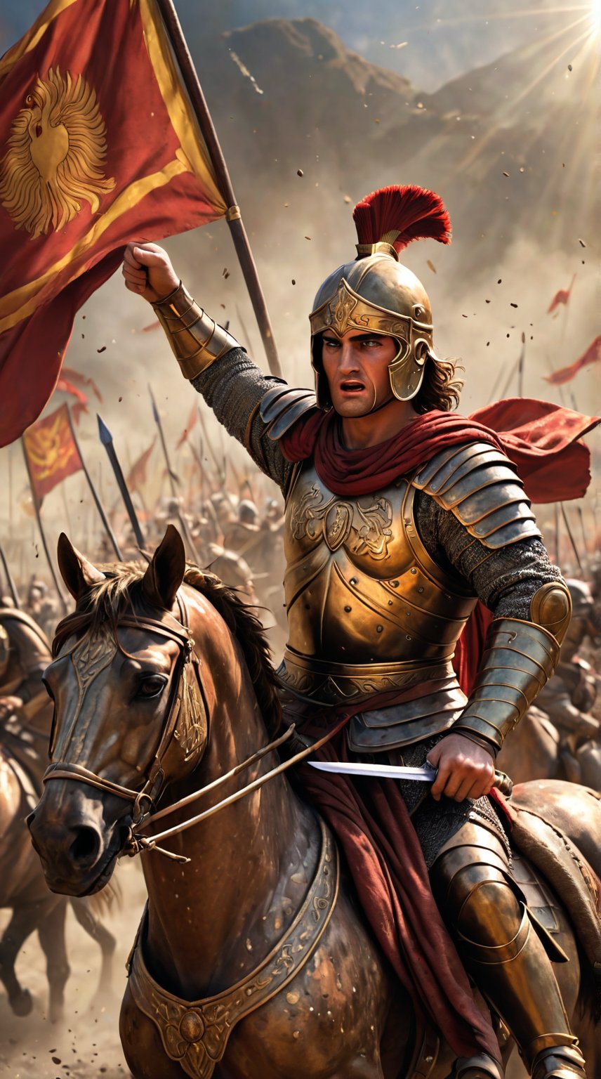 Alexander the Great:
"Visualize Alexander the Great, in full armor, leading a cavalry charge. His eyes are focused, sword raised high, surrounded by the chaos of battle. Rich textures of his bronze armor glint in the sunlight, dust and particles swirling around. The Macedonian phalanx in the background, with vibrant banners flying, creates an epic scene of conquest and strategy."