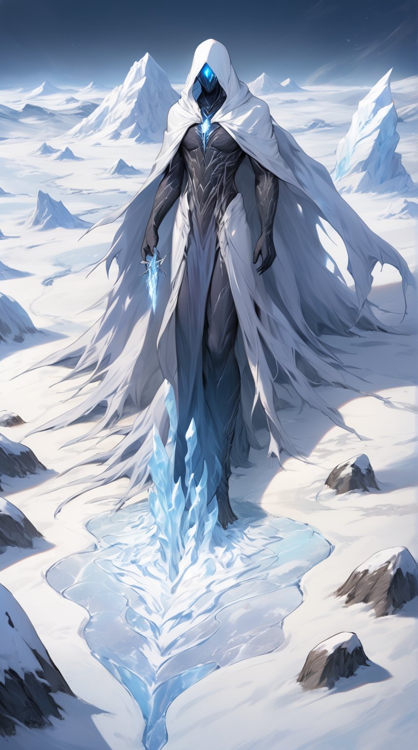 Visualize December as a spectral wraith that embodies cryophobia, the fear of extreme cold. The scene is set in a desolate, frozen landscape, with snow-covered mountains and icy plains stretching as far as the eye can see. The Cryophobia Wraith glides over the ice, its form a swirling mass of frost and snow. Its eyes are piercing blue, glowing with an unnatural light. The wraith’s body is translucent, composed of shifting ice crystals that sparkle in the weak, pale sunlight. Surrounding it, the landscape is stark and barren, with jagged ice formations and frozen lakes. The air is bitterly cold, with a wind that howls and cuts like a knife. The ground is covered in a thick layer of snow, with patches of ice that reflect the light in a dazzling, yet chilling display. Each detail, from the wraith’s ethereal form to the unforgiving cold of the landscape, captures the essence of December as a month dominated by the fear of extreme cold, creating a scene that is both stunning and profoundly unsettling.