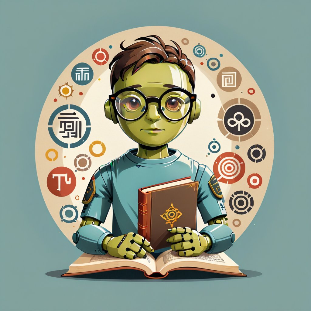 t-shirt design, circle, A stylized android wearing glasses, holding a book, with digital data and ancient symbols in the background, in a modern flat design, plain background