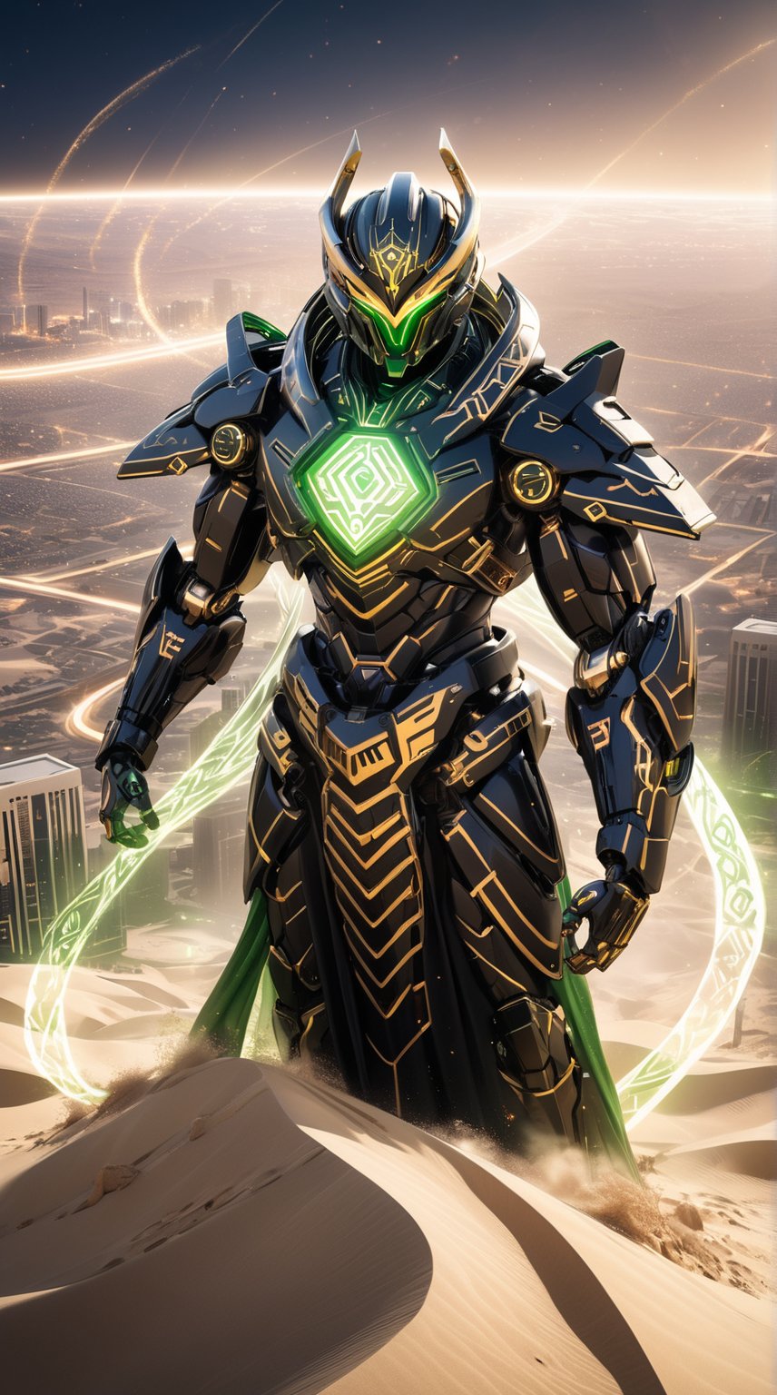 Neon Art, A bird’s eye view of a gigantic Pacific Rim Jaeger representing Saudi Arabia. The Jaeger’s design is inspired by the Kaaba, featuring black and gold-tinted armor with intricate Islamic geometric patterns. Its headpiece resembles a traditional ghutra, and its body is adorned with calligraphy. The Jaeger’s core glows with a bright green light, symbolizing the national flag. Below, the landscape reveals vast deserts and urban skyscrapers. Enhanced with glare, lens flare, and cinematic lighting, the Jaeger’s imposing presence is accentuated by swirling sand particles and sparks, capturing Saudi Arabia's spiritual and modern essence.