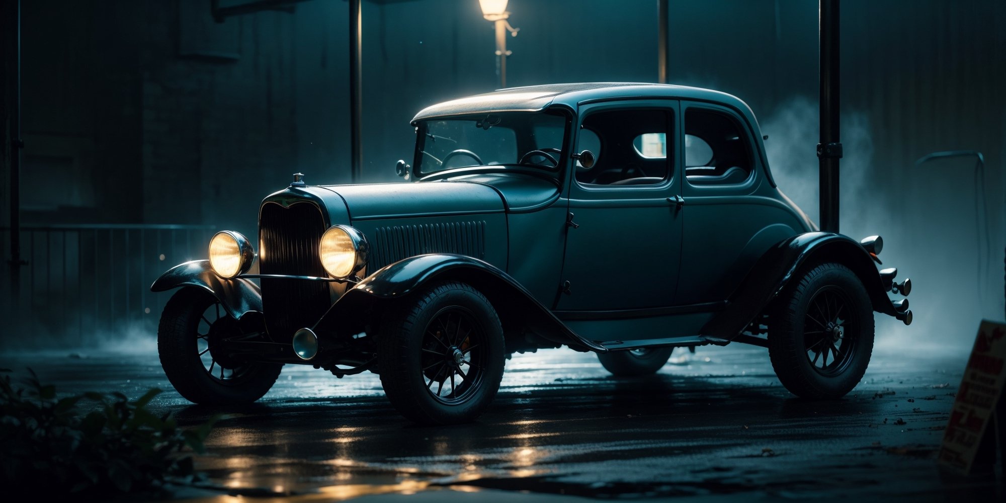 Realistic photo, extreme detailed. Hot rod,  Norm Grabowski's "Kookie T" 1922 Ford Model T car,  matt black, full body, four-cylinder engine stand out of the cover, a touch for the turbo on the front hood, wide tires, deep wheels. dark atmosphere, lovecraftian background, lynching atmosphere, film noir, concept art, 