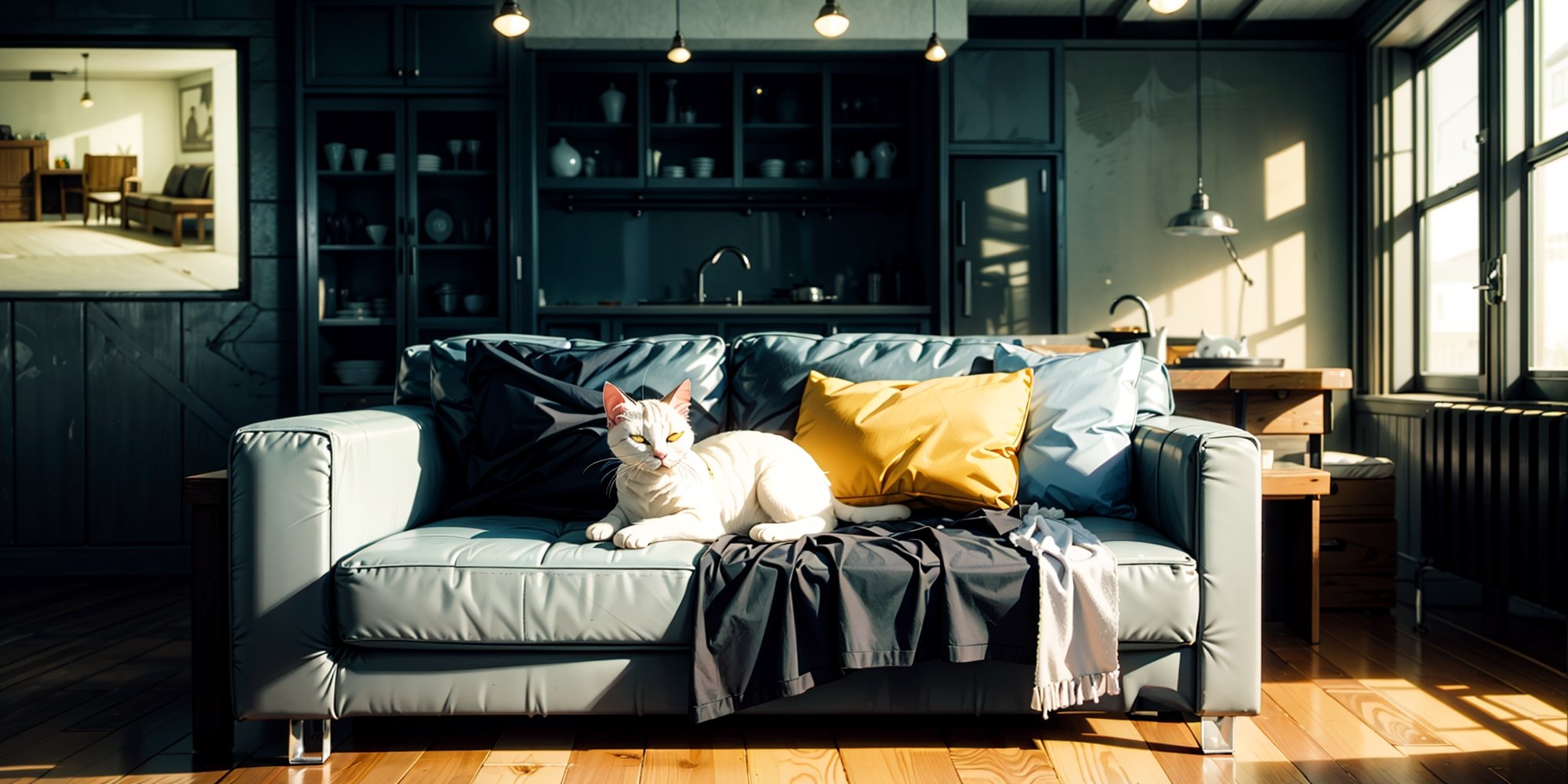 A lazy white cat is sleeping on the leather sofa in a house, a sunny day, modern industrial interior style 