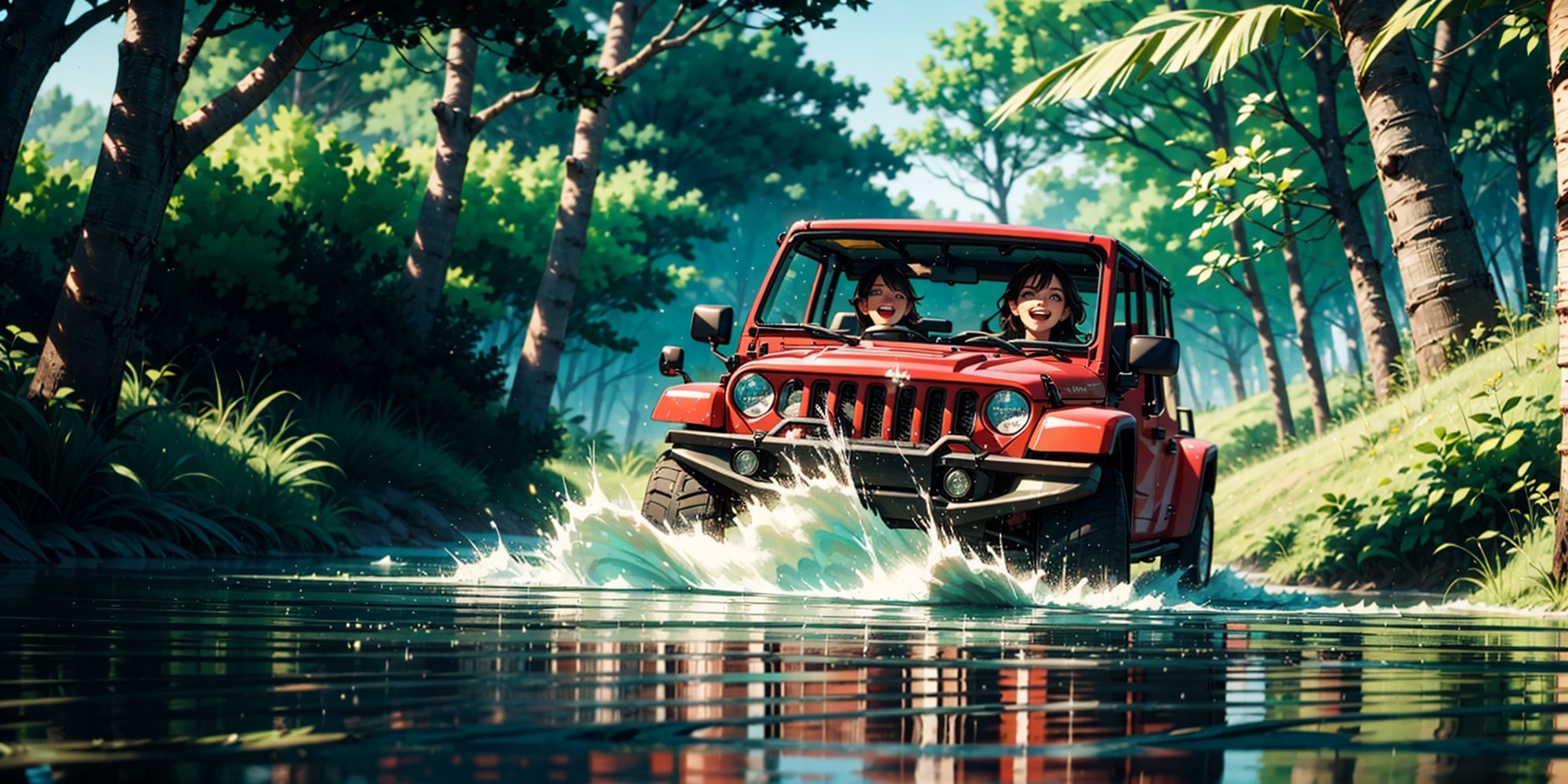 A cinematic scenic view of a jeep welly crossing the road in the river, very windy, 3D, depth of field, motion blur, dirt road racing in a forest crossing a stream, dusty, reflections, water splash, smile open mouth, eye contact viewer,