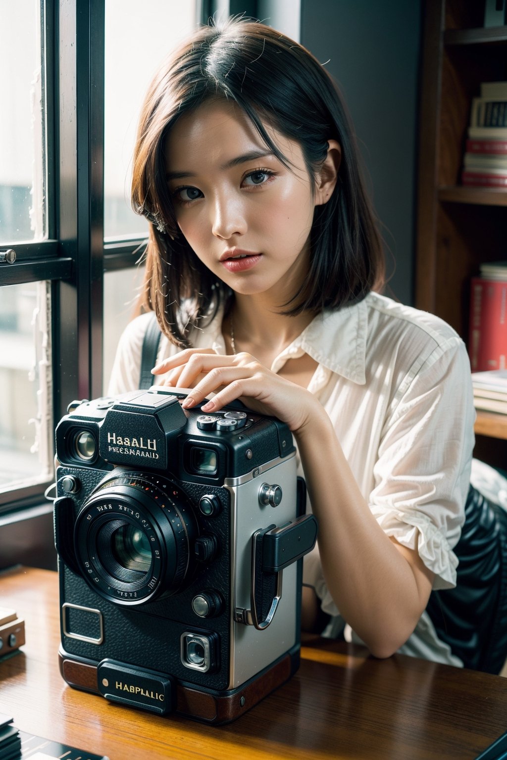 A 28 yo lady is repairing her Hasselblad 500cm camera on the work desk, high res, high detail, masterpiece, best quality,