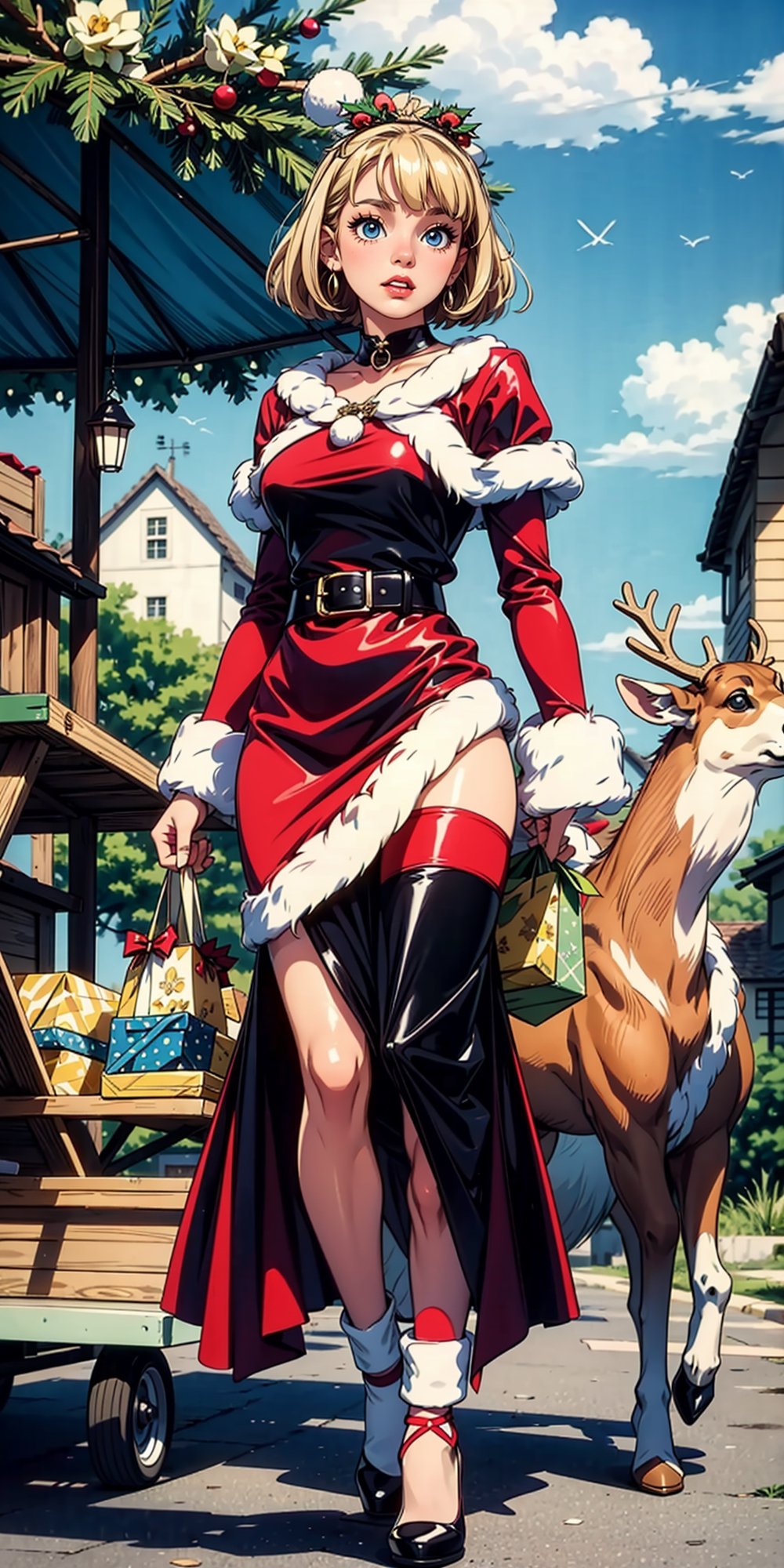 A Santa girl on a deer cart in the sky moving to town, with a lot of gifts in bag, short blonde hair, a cute face, Santa colors long dress, retro glamour, a village in the background, Harper's Bazaar 60s Edition, iconic Mary Quant fashion., highly intricate, (VOGUE Cover Magazine:1.15), 1968, 60s, black letters, hyper-detailed, photorealistic,  Christmas  style, 