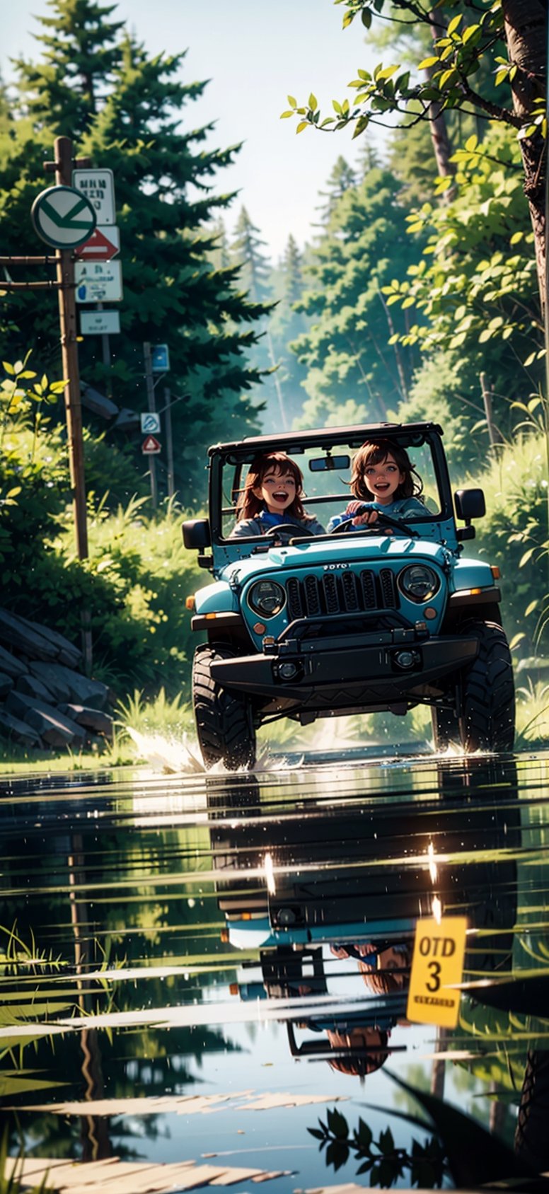 A cinematic scenic view of a jeep welly crossing the road in the river, very windy, 3D, depth of field, motion blur, dirt road racing in a forest crossing a stream, dusty, reflections, water splash, smile open mouth, eye contact viewer,