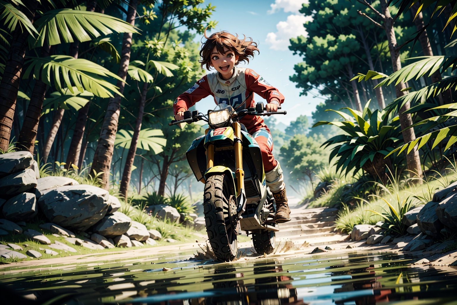 A cinematic scenic view of 1 28 yo woman, wearing a goggle driving a off-road motorcycle, very windy, 3D , depth of field, motion blur, dirt road racing in a forest crossing a stream, dusty, reflections, water splash, smile open mouth, eye contact viewer,pdrally