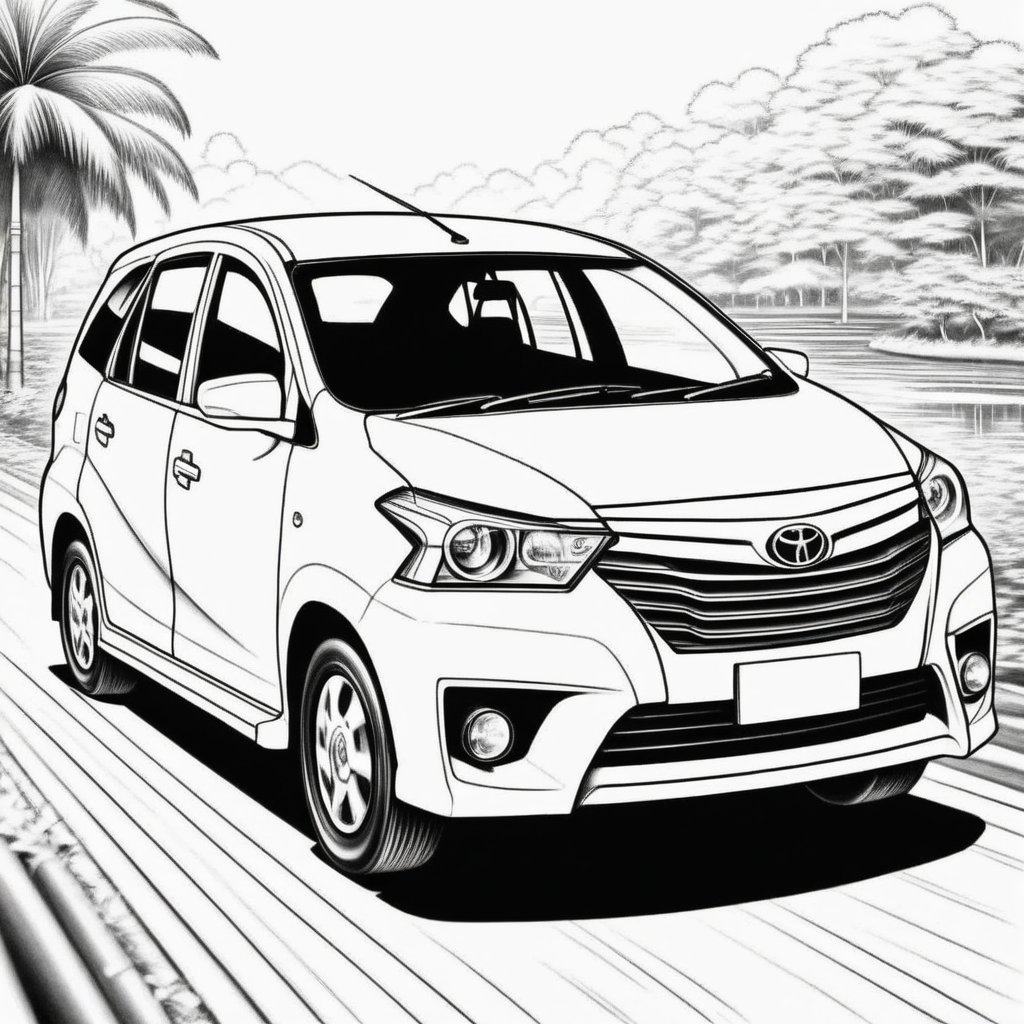 a beautiful drawing of toyota avanza car, black and white, black & white,Coloring Book, ColoringBookAF