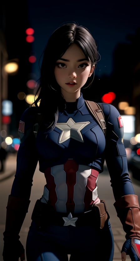 centered, upper body, masterpiece, | female captain america, standing, looking at viewer, | city, urban, street, city lights, | night, bokeh, depth of field, 