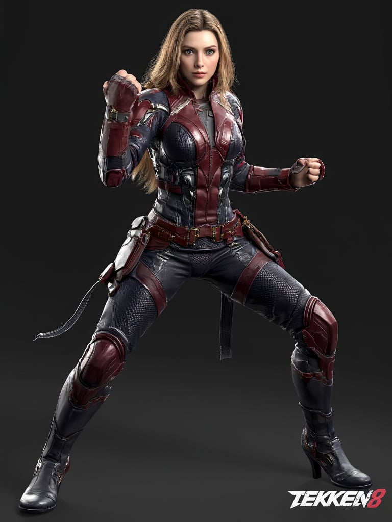 tk8_style, Elizabeth Olsen, a 3D rendering of a female character. wearing scarlet witch marvel outfit. fullbody.  fight pose. The background is a solid black, creating a stark contrast to the woman's outfit. The word "TEKKEN8" is written in the lower right corner of the image.