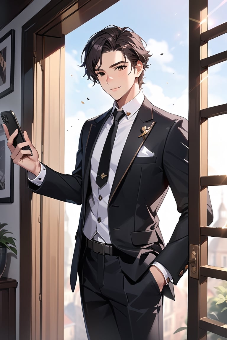 1man,((standing: 2.5)), black hair, standing on the balcony of a building, holding a cell phone in his hand and looking at the cell phone, smiling, blush, bangs, black eyes, parted lips, blurry, lips, ((suit: 1.1)), eyelashes, portrait, ((masterpiece: 2)), excellent quality, ((freckles: 1.5)), ((stunning_image: 1.5)), ((magma drops in air: 1)), medium long shot.,Ink art,jaeggernawt,lass