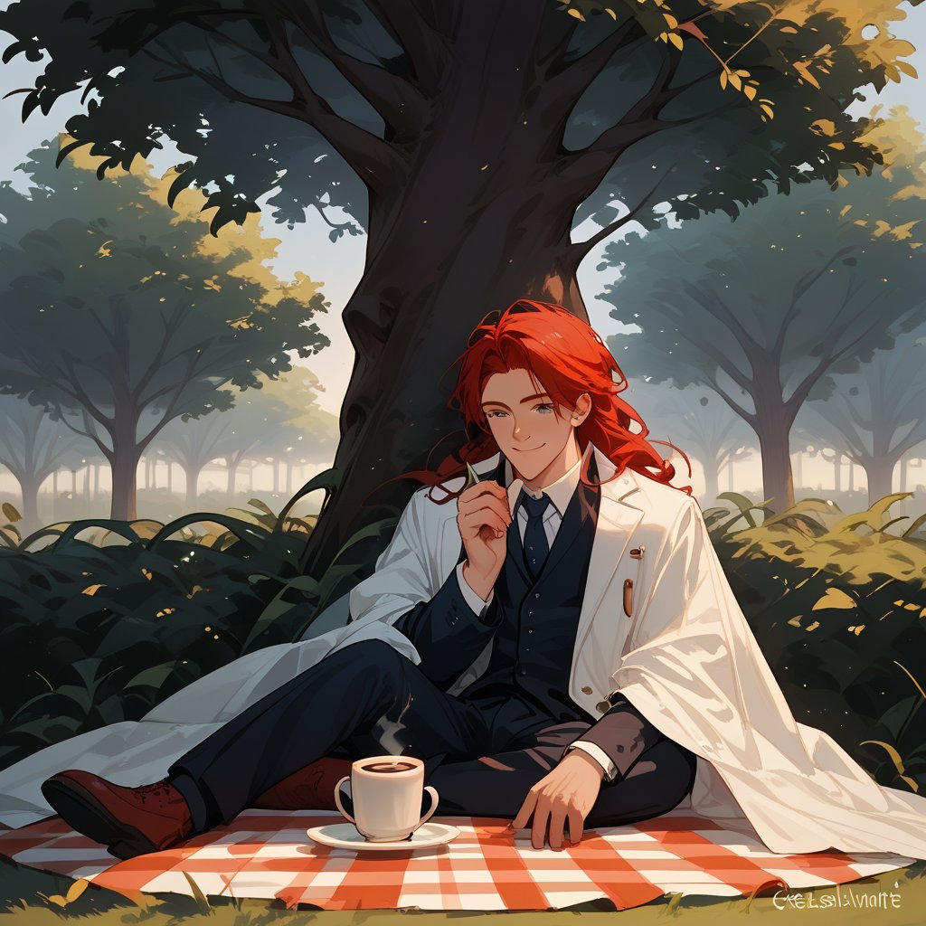 Score_9, Score_8_up, Score_7_up, Score_6_up, Score_5_up, Score_4_up), a girl red hair, sexy girl and her son (black hair, 10 years) sitting under a tree in a picnic, behind appearsm a man (black hair dressed in a suit)  walking with a coffee in his hand ,in the middle of the park, night, sexy pose,smiling,
ciel_phantomhive,jaeggernawt,Indoor,frames,high rise apartment,outdoor