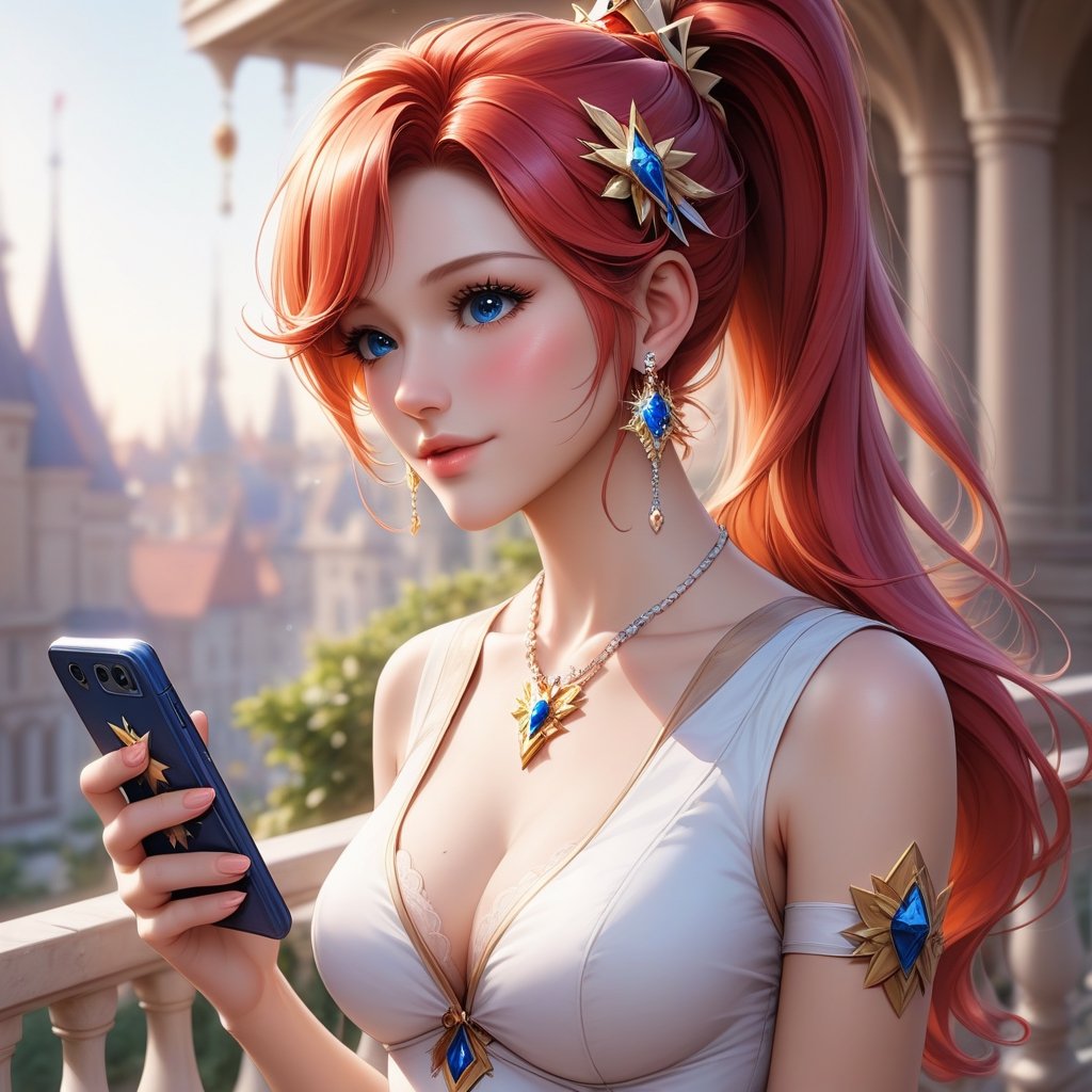 1girl, long red hair, standing on the balcony of a building, holding a cell phone in his hand and looking at the cell phone, smiling, blush, bangs, hair ornament, jewelry, blue eyes, ponytail, orange straight hair, earrings, parted lips, blurry, lips, eyelashes, portrait, ((masterpiece: 2)), excellent quality,medium long shot.,Ink art.,Girl,masterpiece,1guy