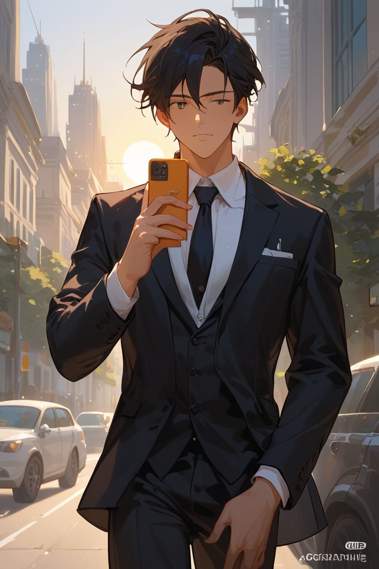 Score_9, Score_8_up, Score_7_up, Score_6_up, Score_5_up, Score_4_up,

1boy black hair, a very handsome man, wearing a black suit,day, sun, city, modern city, man walking in the city with a cup of coffe in one hand and talkin with phone in other hand, ciel_phantomhive,jaeggernawt,perfect finger,more detail XL