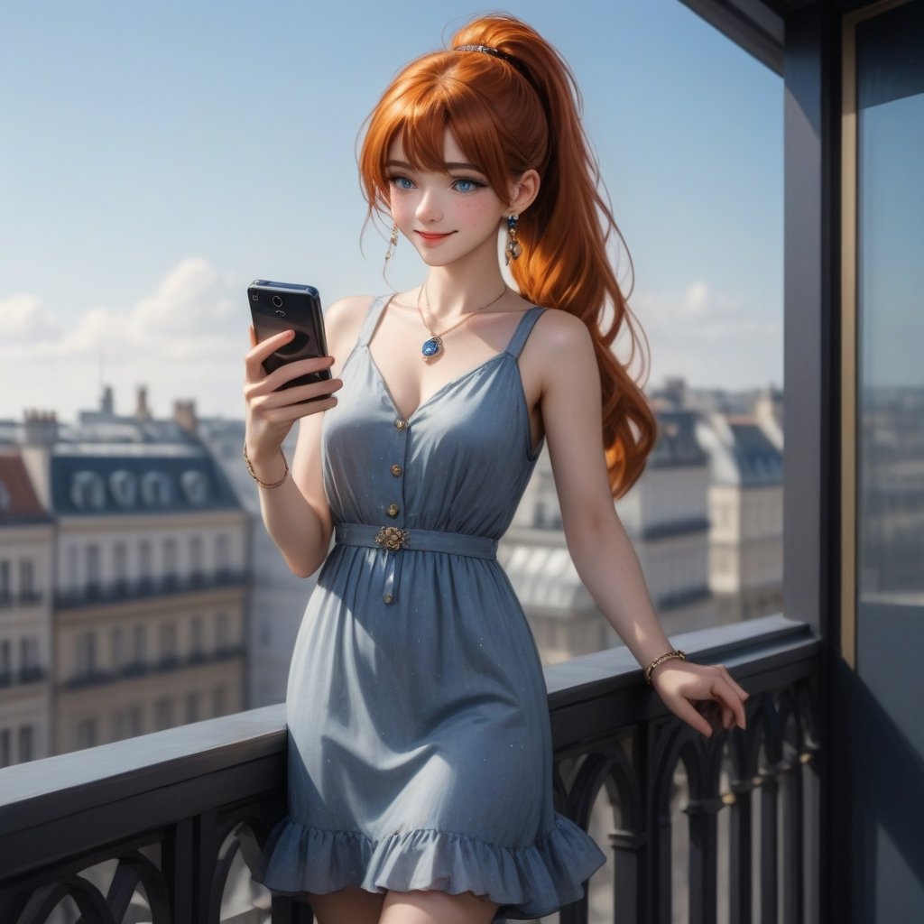 1girl, long red hair, standing on the balcony of a building, holding a cell phone in his hand and looking at the cell phone, smiling, blush, bangs, hair ornament, jewelry, blue eyes, ponytail, orange straight hair, earrings, parted lips, blurry, lips, ((dress: 1.1)), eyelashes, portrait, ((masterpiece: 2)), excellent quality, ((freckles: 1.5)), ((stunning_image: 1.5)), ((magma drops in air: 1)), medium long shot.,Ink art.