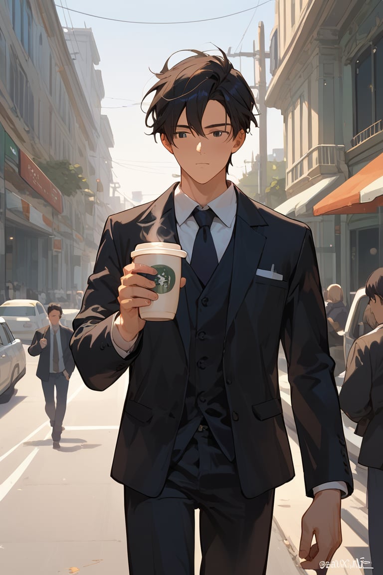 Score_9, Score_8_up, Score_7_up, Score_6_up, Score_5_up, Score_4_up,

1boy black hair, a very handsome man, wearing a black suit,day, sunrice, city, modern city, walking,man crossing the street in the pedestrian zone, holding a cup of coffee in one hand and a cell phone in the other, distracted, ciel_phantomhive,jaeggernawt,perfect finger,more detail XL