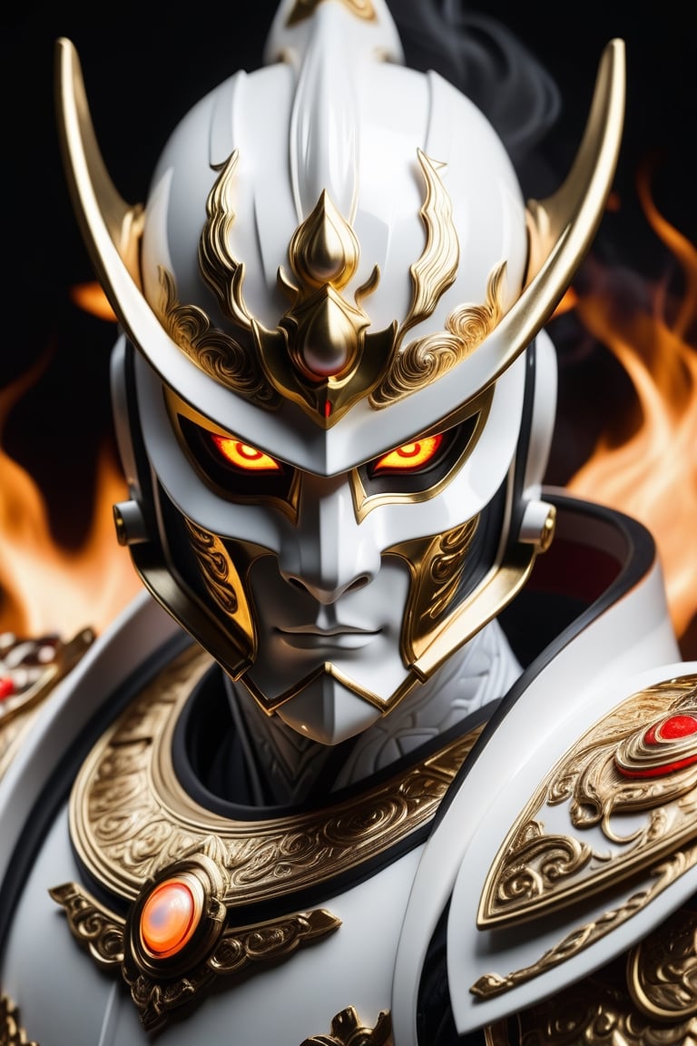 (detailed eyes:1.2), (detailed background:1.2),(masterpiece:1.2), (ultra detailed), (best quality), (Generate an image of a fire shogun), pearl white armor, power stone, gold trim, mask, eyes burning with fire, full body image, smokey, ,