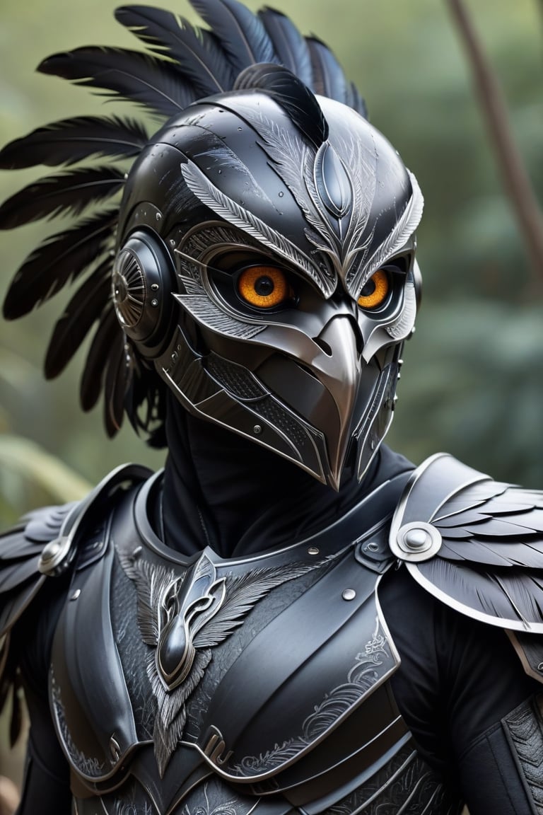 (detailed face:1.2), (detailed eyes:1.2), (detailed background:1.2), (masterpiece:1.2), (ultra detailed), (best quality),(imagine a bird man with black feathers), full body portrait, helmet, ,Monster