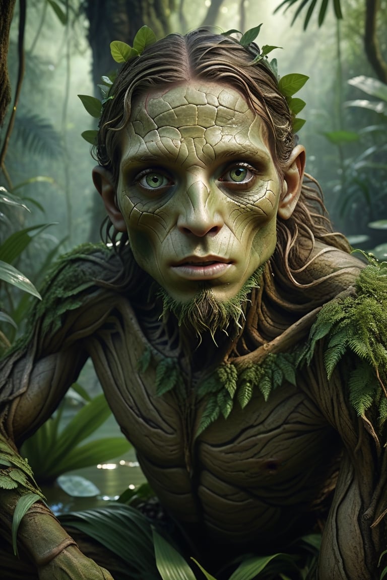 ((realistic)), (detailed face:1.2), (detailed eyes:1.2) (real textures), (detailed background:1.2), (masterpiece:1.2), (ultra detailed), (best quality), (Image of a tree man), portriat, in a jungle, pond, green hue, on one knee,