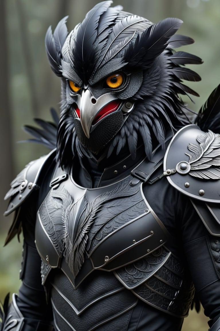 (detailed face:1.2), (detailed eyes:1.2), (detailed background:1.2), (masterpiece:1.2), (ultra detailed), (best quality),(imagine a bird man with black feathers), full body portrait, helmet,Monster