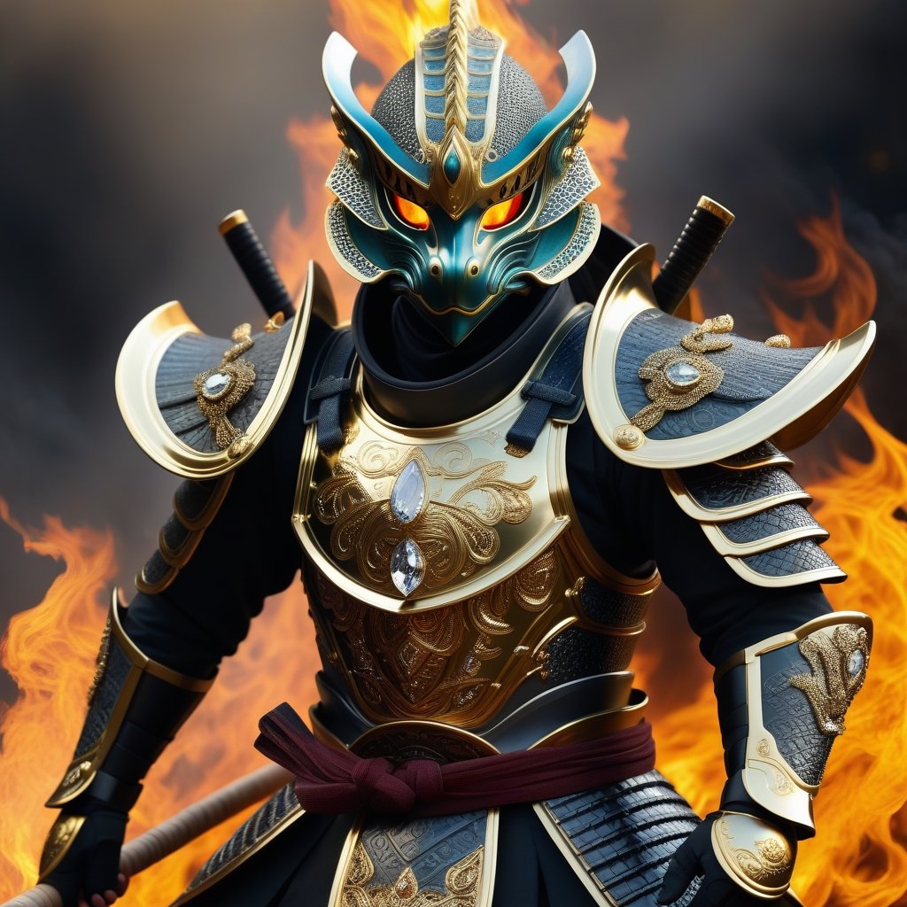 (detailed eyes:1.2), (detailed background:1.2), (masterpiece:1.2), (ultra detailed), (best quality), (Generate an image of a fire shogun), chameleon And diamond armor, gold trim, mask, full body image, smokey, ,