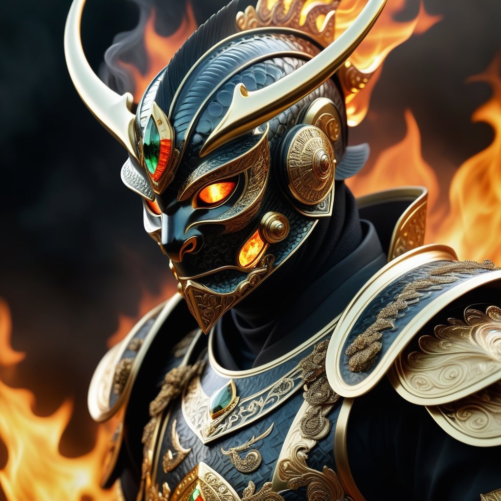 (detailed eyes:1.2), (detailed background:1.2), (masterpiece:1.2), (ultra detailed), (best quality), (Generate an image of a fire shogun), chameleon And emerld diamond armor, gold trim, mask, eyes burning with fire, full body image, smokey, ,