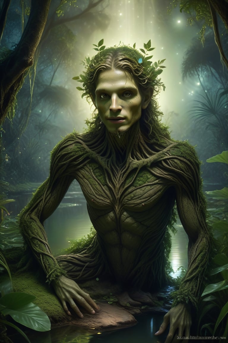 ((realistic)), (detailed face:1.2), (detailed eyes:1.2) (best textures), (detailed background:1.2), (masterpiece:1.2), (ultra detailed), (best quality), (Image of a tree man), portriat, in a jungle, pond, green hue, on one knee, magical & enchanting, light fairies, night sky, luminescence,