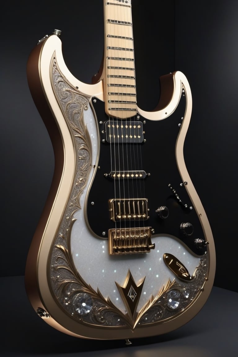 (detailed background:1.2), (masterpiece:1.2), (ultra detailed), (best quality), (Generate an image of a electric guitar), Bc warlock style, portrait, aurora lighting, whammy bar, diamond encrusted body, diamond neck, engraved, leather guitar strap,