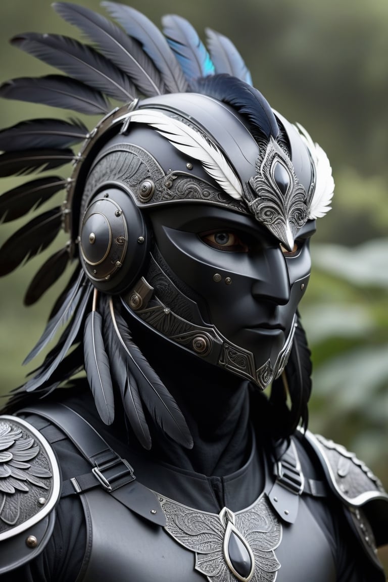 (detailed face:1.2), (detailed eyes:1.2), (detailed background:1.2), (masterpiece:1.2), (ultra detailed), (best quality),(imagine a bird man with black feathers), full body portrait, helmet, 