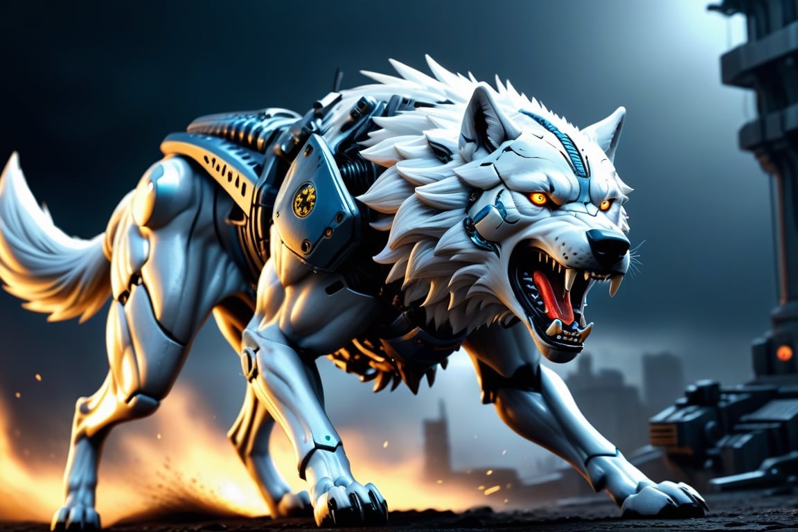 (Detailed teeth:1.2),(detailed background:1.2), (masterpiece:1.2), (ultra detailed), (best quality), (Generate an image of a cybernetic wolf), dogs of war, roaring, a mighty presence