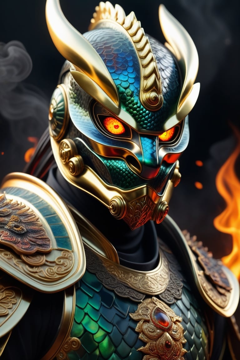 (detailed eyes:1.2), (detailed background:1.2), (masterpiece:1.2), (ultra detailed), (best quality), (Generate an image of a fire shogun), chameleon armor, power stone, gold trim, mask, eyes burning with fire, full body image, smokey, ,