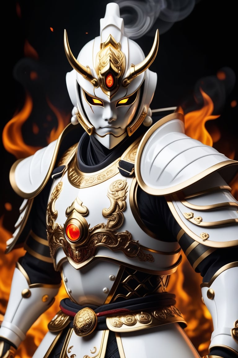 (detailed eyes:1.2), (detailed background:1.2),(masterpiece:1.2), (ultra detailed), (best quality), (Generate an image of a fire shogun), pearl white armor, power stone, gold trim, mask, eyes burning with fire, full body image, smokey, ,