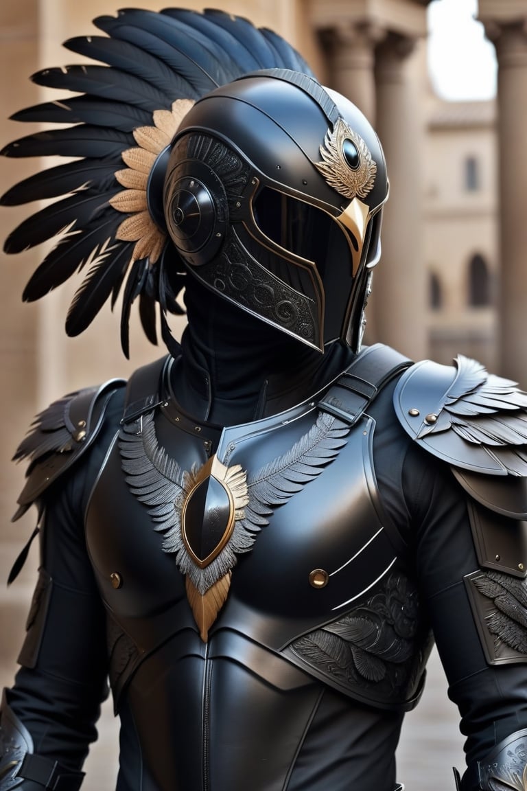 (detailed face:1.2), (detailed eyes:1.2), (detailed background:1.2), (masterpiece:1.2), (ultra detailed), (best quality),(imagine a bird man with black feathers), full body portrait, helmet, 