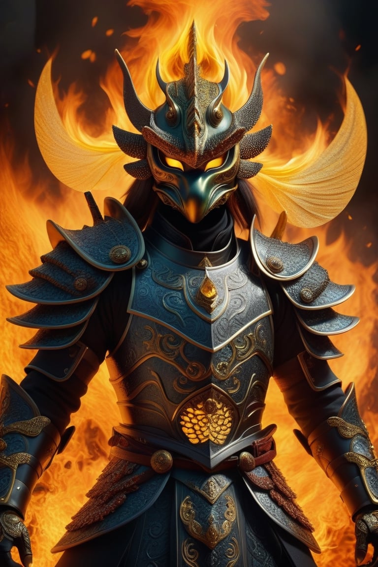 (detailed eyes:1.2), (detailed background:1.2), (masterpiece:1.2), (ultra detailed), (best quality), (Generate an image of a fire shogun), chameleon And diamond armor, gold trim, mask, full body image, smokey, chameleon eyes,