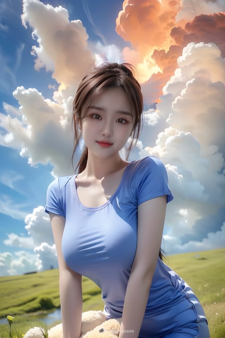 1girl, solo, breasts, looking at viewer, smile, large breasts, brown hair, shirt, brown eyes, sitting, closed mouth, white shirt, ponytail, short sleeves, outdoors, sky, day, cloud, blue sky, lips, watermark, cloudy sky, grass, t-shirt, holding arm