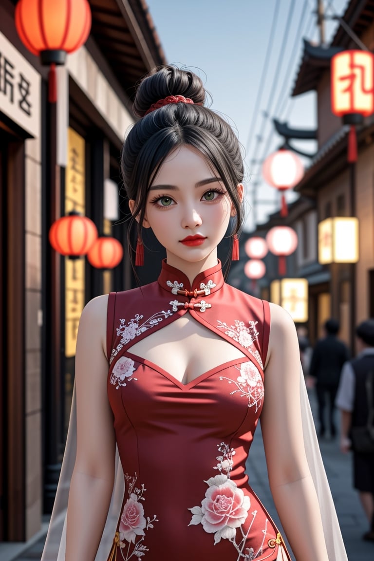 Generate hyper realistic image of a striking image of a woman in a traditional Chinese qipao, featuring intricate embroidery. Her sleek, onyx-black hair is styled in a classic bun, complemented by almond-shaped green eyes and plum-red lips, against a backdrop of a traditional Chinese lantern-lit street..highly detailed, sharp focus.8k,photography style,upper body shot
,<lora:659111690174031528:1.0>