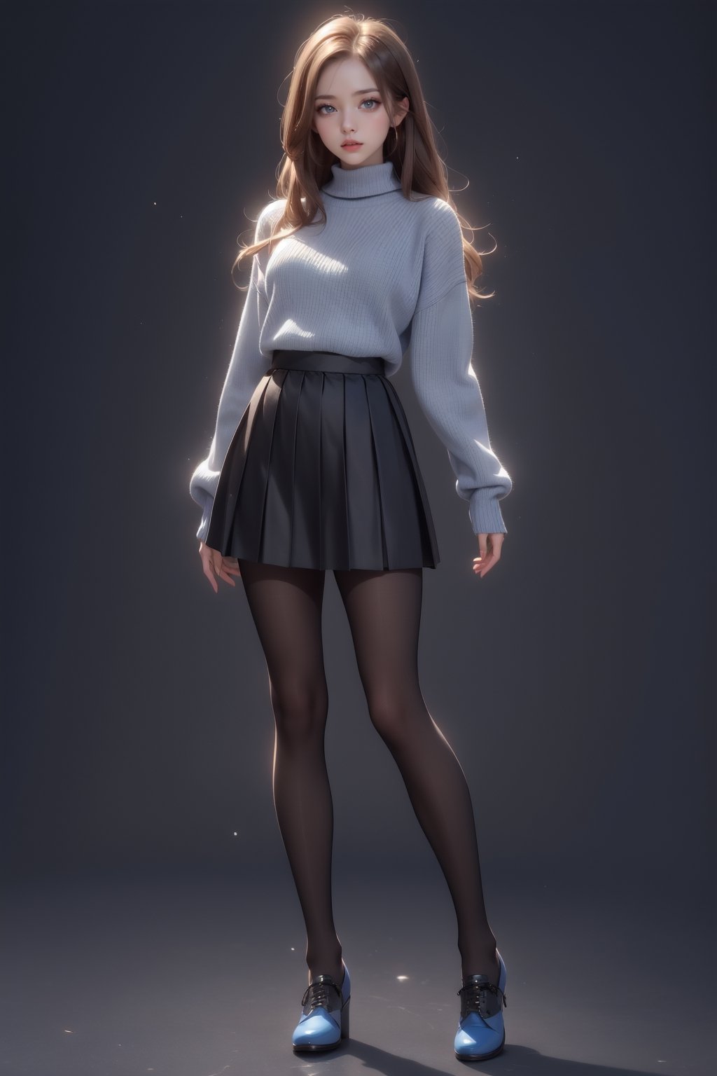 1girl, solo, long hair, looking at viewer, skirt, simple background, brown hair, shirt, long sleeves, brown eyes, standing, full body, pantyhose, pleated skirt, shoes, black skirt, grey background, black footwear, sweater, lips, sleeves past wrists, black pantyhose, blue shirt, blue sweater