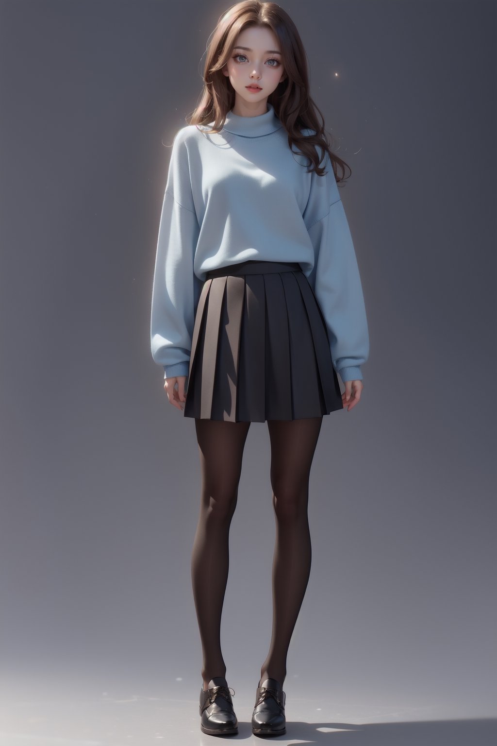 1girl, solo, long hair, looking at viewer, skirt, simple background, brown hair, shirt, long sleeves, brown eyes, standing, full body, pantyhose, pleated skirt, shoes, black skirt, grey background, black footwear, sweater, lips, sleeves past wrists, black pantyhose, blue shirt, blue sweater